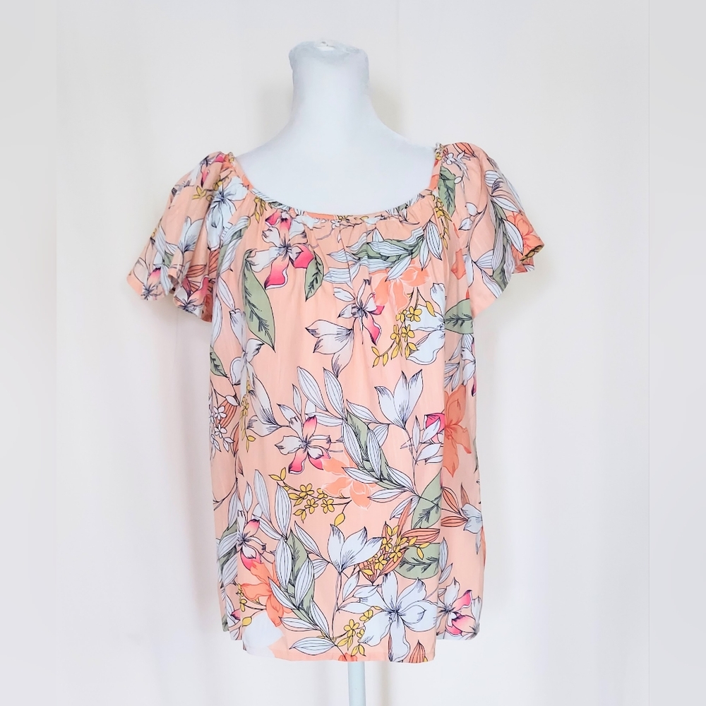 St. John's Bay Off The Shoulder Short Sleeve Tropical Print Top Size Medium